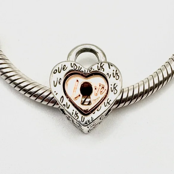 Pandora Two-tone Padlock Splittable Sterling Silver & Rose Gold Love Heart Charm - Picture 2 of 7